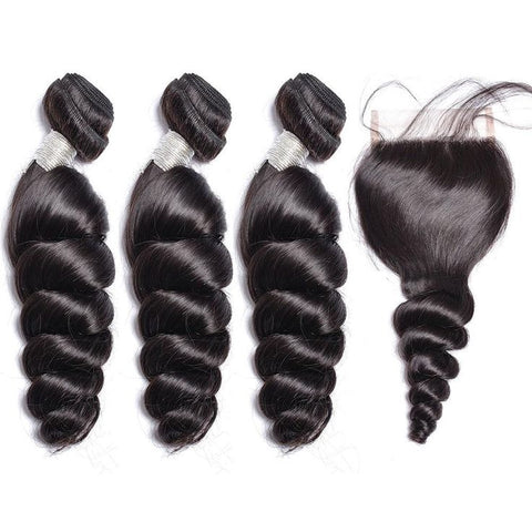 Peruvian Loose Wave Virgin Human Hair 3 Bundles With 4x4 Lace Closure