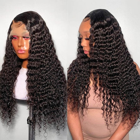 13x6 Lace Frontal Wig Human Hair Deep Wave Pre Plucked Hairline 180% Density Virgin Human Hair