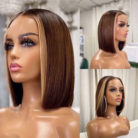 Ombre Brown 4/27 Human Hair Wigs Bob Straight 13x4 Lace Front Wig Human Hair