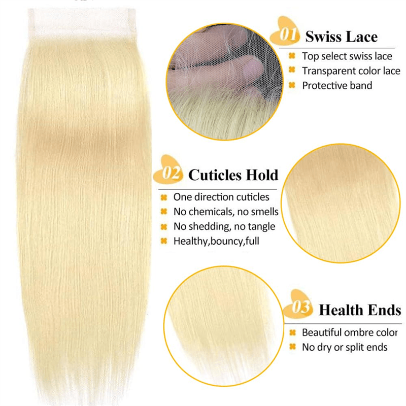 Lemoda 613 Blonde Hair 3 Bundles With 4x4 Lace Closure Straight Human Hair Extensions - Lemoda Hair