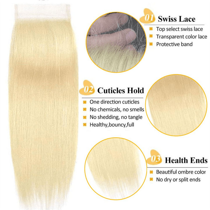 Lemoda 613 Blonde Hair 3 Bundles With 4x4 Lace Closure Straight Human Hair Extensions - Lemoda Hair