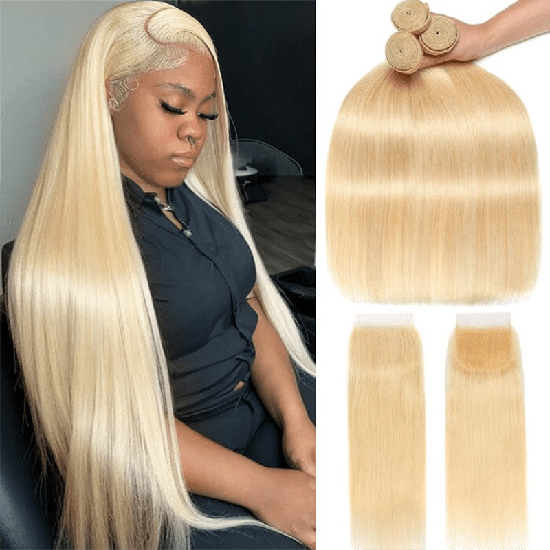Lemoda 613 Blonde Hair 3 Bundles With 4x4 Lace Closure Straight Human Hair Extensions - Lemoda Hair