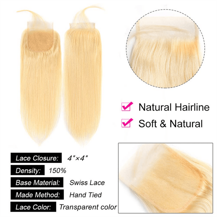Lemoda 613 Blonde Hair 3 Bundles With 4x4 Lace Closure Straight Human Hair Extensions - Lemoda Hair