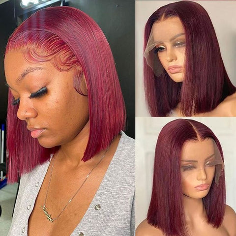Brazilian 100% Virgin Human Hair Straight Bob 99J 13x4 Lace Front Wigs for Black Women