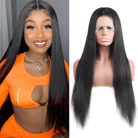 13x6 Lace Front Wig Human Hair Deep T Part Style Straight Natural Black Clearance Sale