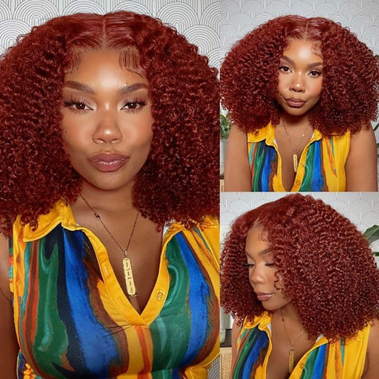 Lemoda Reddish Brown Kinky Curly Wig Auburn Copper HD Transparent Lace Human Hair Wig