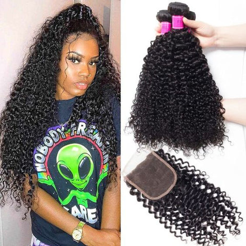 Peruvian Virgin Hair Curly Wave 4 Bundles With 4x4 Lace Closure