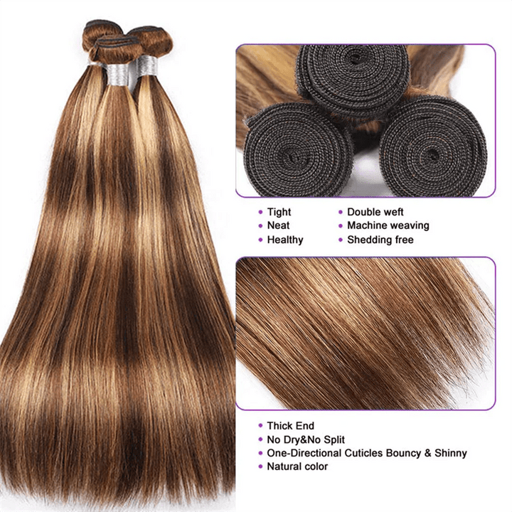 15A P4/27 Highlight Brown Straight Human Hair Unprocessed Virgin Hair Extensions - Lemoda Hair