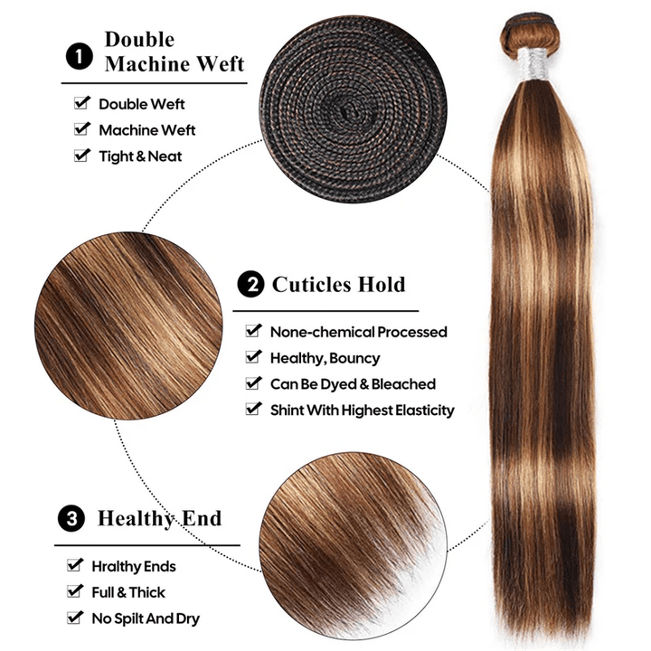 15A P4/27 Highlight Brown Straight Human Hair Unprocessed Virgin Hair Extensions - Lemoda Hair