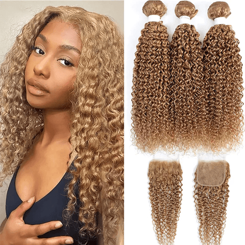 #27 Honey Blonde Kinky Curly 3 Bundles With 4X4 Lace Closure 100% Human Hair - Lemoda Hair
