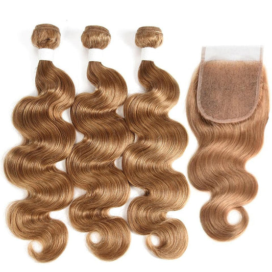 #27 Light Brown Body Wave 3 Bundles With 4x4 Lace Closure 100% Real Human Hair - Lemoda Hair