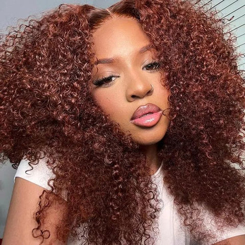 Reddish Brown Kinky Curly Wig Auburn Copper HD Transparent Lace Human Hair Wig