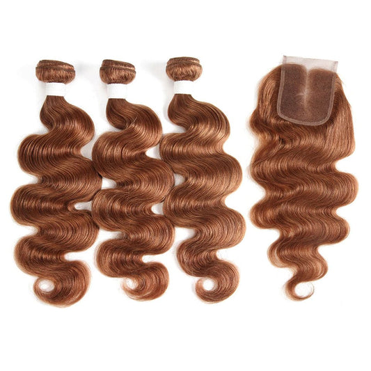 #30 Brown Body Wave 3 Bundles With Closure 4x4 pre Colored 100% Virgin human hair - Lemoda Hair