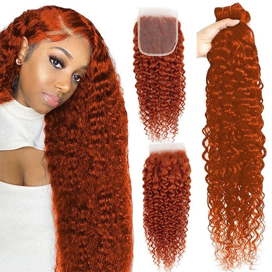 #350 Copper Red Water Wave 4 Bundles With 4X4 Lace Closure 100% Human Hair - Lemoda Hair
