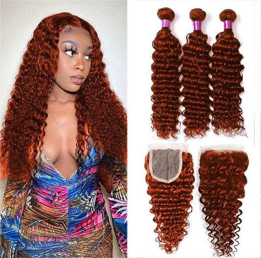 #350 Ginger Deep Wave 3 Bundles With 4x4 Lace Closure 100% Remy Human Hair - Lemoda Hair
