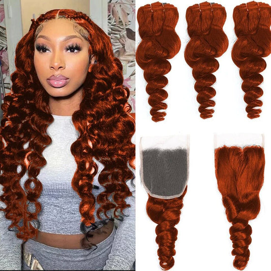 #350 Ginger Orange Loose Wave 3 Bundles With 4x4 Lace Closure 100% Virgin Human Hair - Lemoda Hair