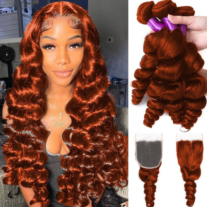 #350 Ginger Orange Loose Wave 4 Bundles With 4X4 Lace Closure 100% Remy Human Hair - Lemoda Hair