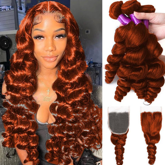 #350 Ginger Orange Loose Wave 4 Bundles With 4X4 Lace Closure 100% Remy Human Hair - Lemoda Hair