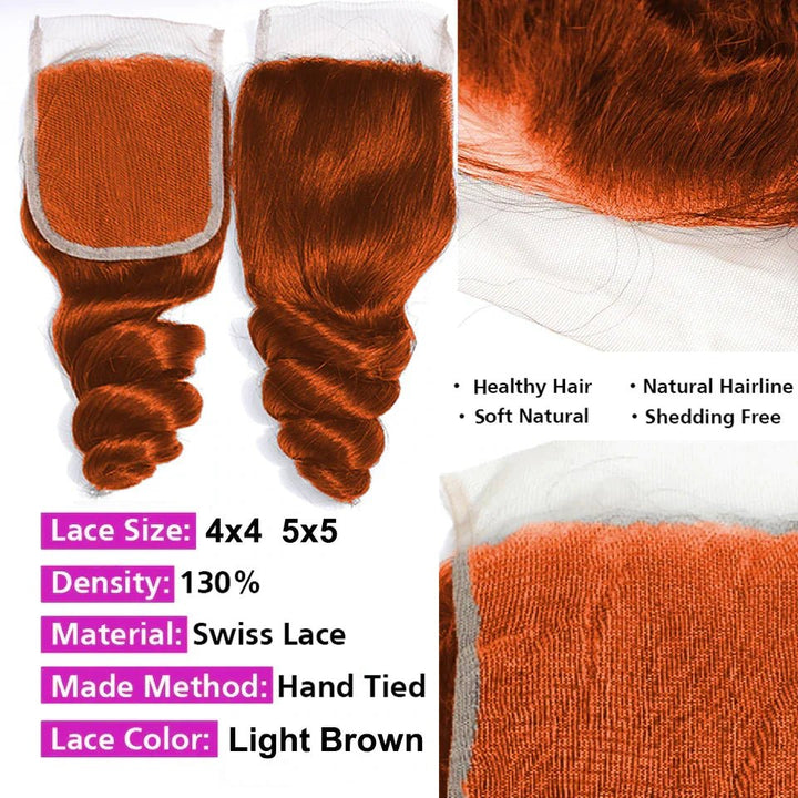#350 Ginger Orange Loose Wave 4 Bundles With 4X4 Lace Closure 100% Remy Human Hair - Lemoda Hair