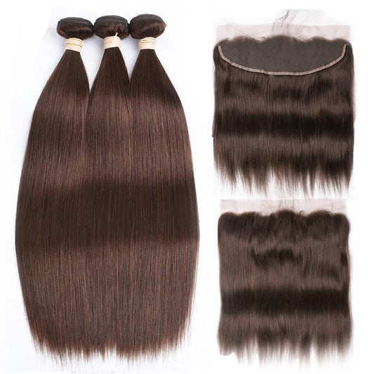 #4 Dark Chocolate Brown Straight 3 Bundles With 13x4 Lace Frontal 100% Real Human Hair - Lemoda Hair