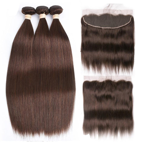 #4 Dark Chocolate Brown Straight 3 Bundles With 13x4 Lace Frontal 100% Real Human Hair - Lemoda Hair