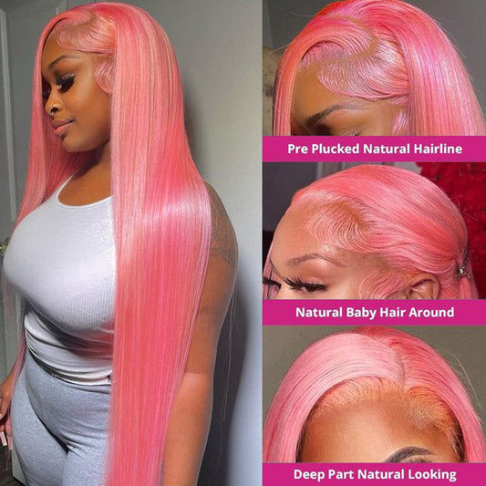 13x6 Lace Frontal Human Hair Wig 180% Density Party Pink Transparent HD Lace Wig