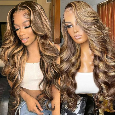 Black Girl Honey Brown Hair Highlights 13x6 Lace Frontal Wig 180 Hair Density
