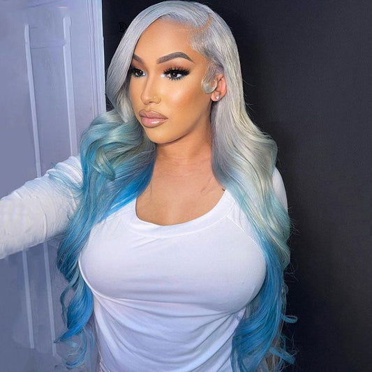 Lemoda 180% Hair Density Silver Gray Human Hair Wig With Blue Underneath 13x6 Lace Frontal Wig