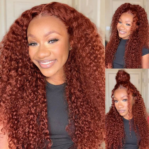 Reddish Brown Kinky Curly Wig Auburn Copper HD Transparent Lace Human Hair Wig