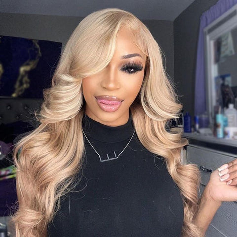 Blonde Wig with Brown Highlights 180% Hair Density 13x6 Lace Frontal Body Wave Wig Highly Recomend