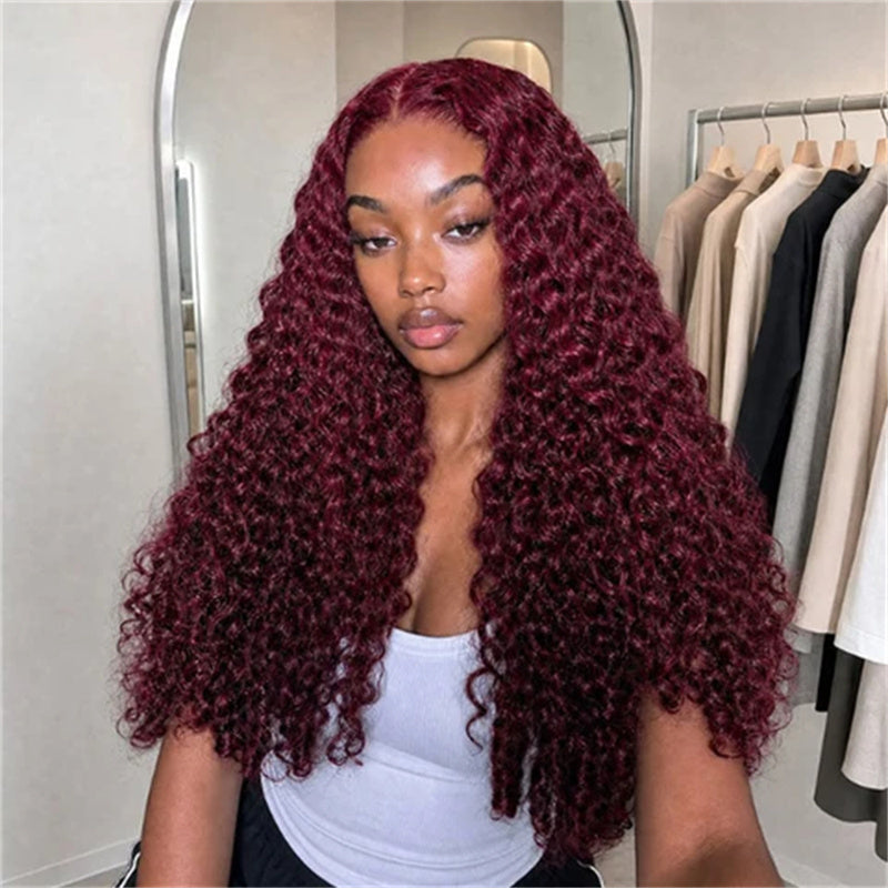 Burgundy 99J Color Burmese Curly 13x6 Lace Front Wigs Body Wave Straight Human Hair Wigs
