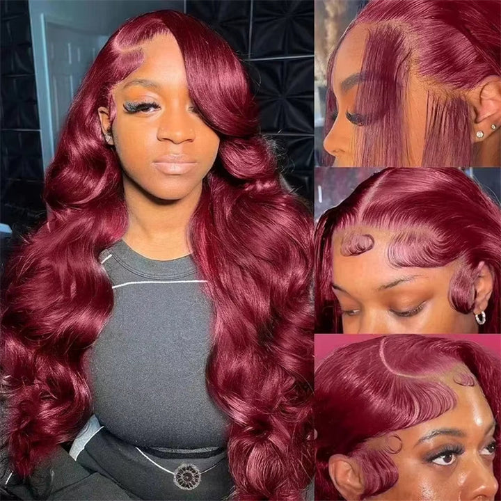 Burgundy 99J Color Burmese Curly 13x6 Lace Front Wigs Body Wave Straight Human Hair Wigs