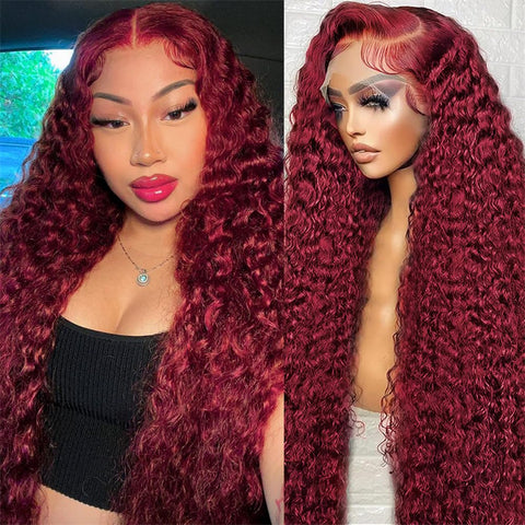 Lemoda 99J Deep Wave 4x4 Lace Closure Wig Pre Plucked HD Transparent Human Hair Wigs 5x5 6x6 Lace