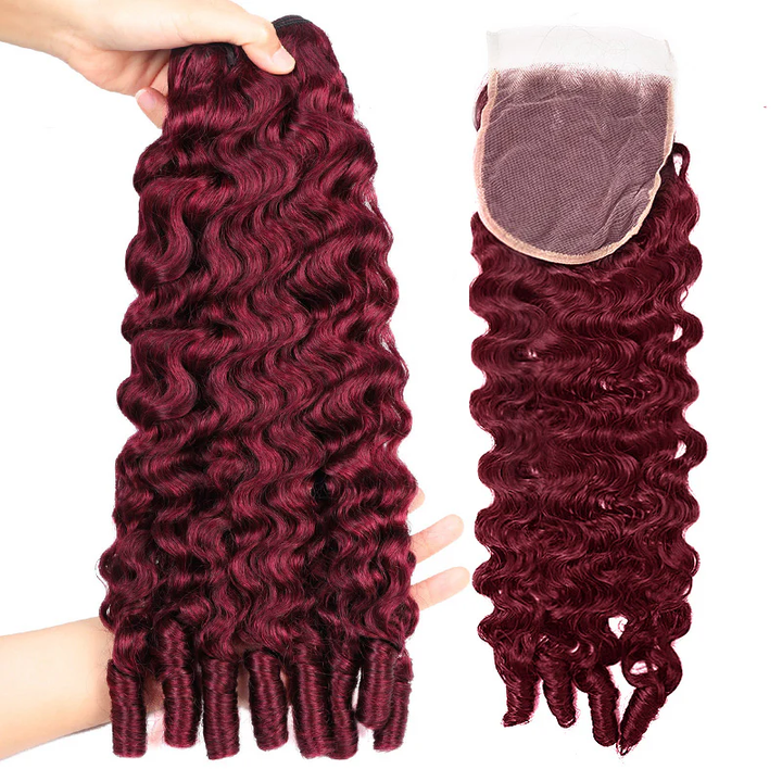 Lemoda #99J Burgundy Burmese Curly 3 Bundles With 4x4 5x5 Lace Closure Human Hair Weave