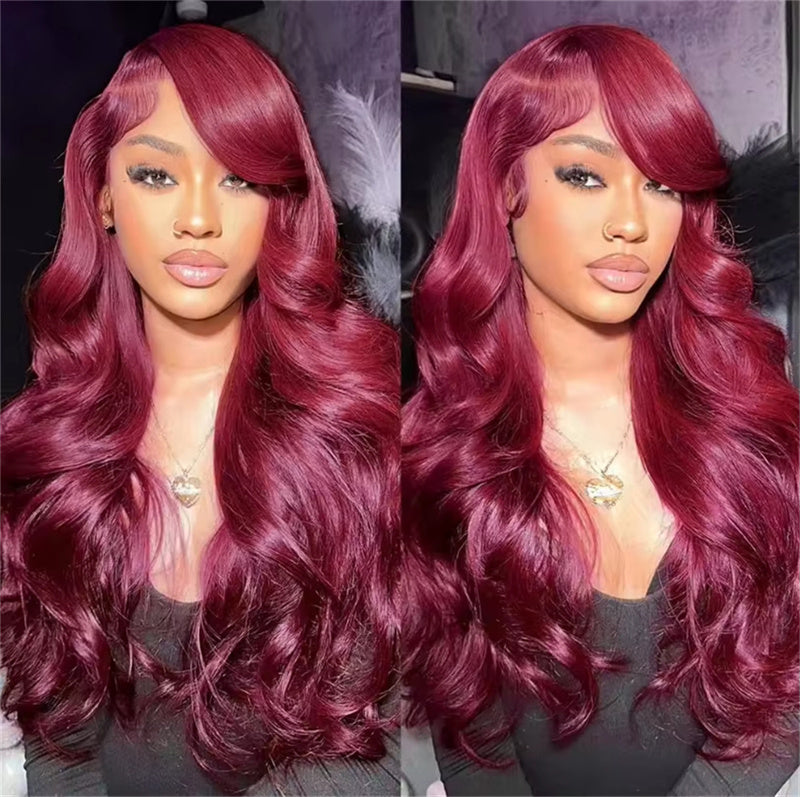 Burgundy 99J Color Burmese Curly 13x6 Lace Front Wigs Body Wave Straight Human Hair Wigs