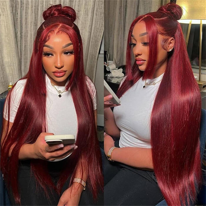 Burgundy 99J Color Burmese Curly 13x6 Lace Front Wigs Body Wave Straight Human Hair Wigs