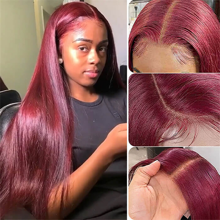Burgundy 99J Color Burmese Curly 13x6 Lace Front Wigs Body Wave Straight Human Hair Wigs