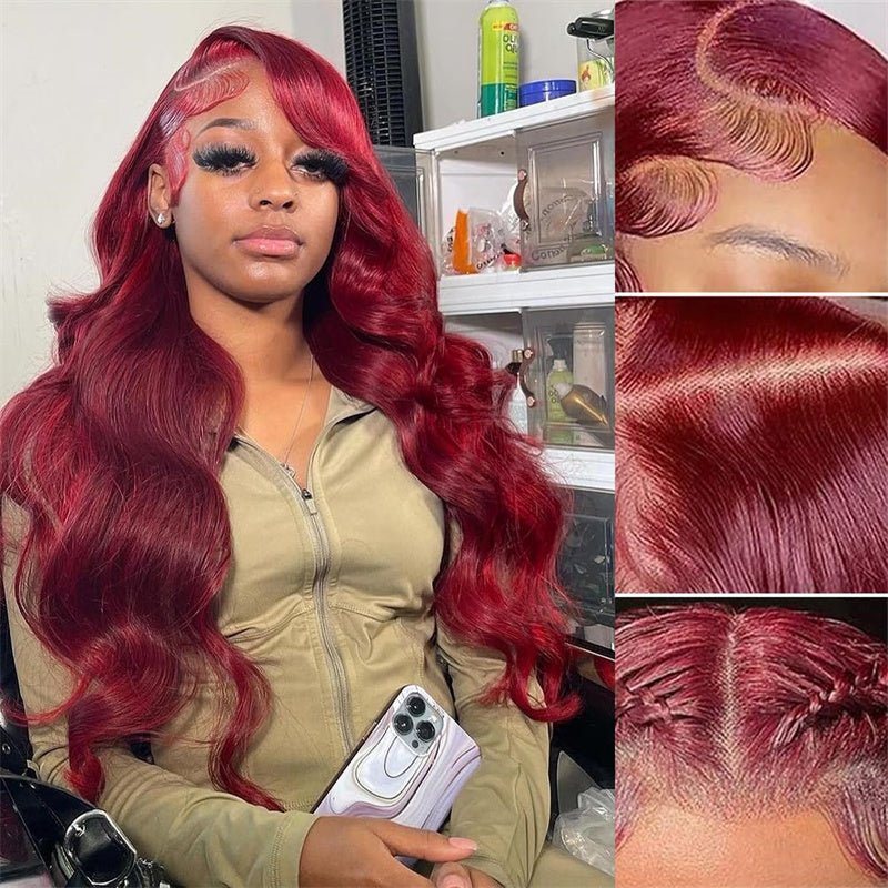 99j Burgundy 13x6 Body Wave Lace Front Wigs Human Hair Pre Plucked Transparent lace frontal wig - Lemoda Hair