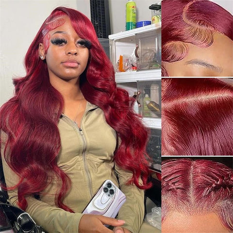 99j Burgundy 13x6 Body Wave Lace Front Wigs Human Hair Pre Plucked Transparent lace frontal wig - Lemoda Hair