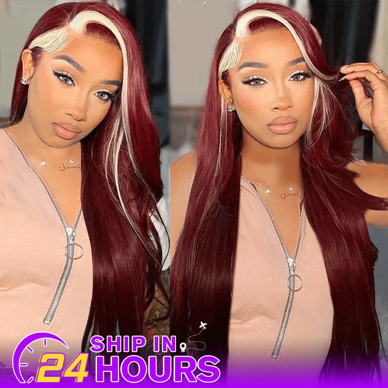 99J Burgundy Blonde Skunk Stripe Wig 13x6 Lace Front Straight Human Hair Wigs - Lemoda Hair