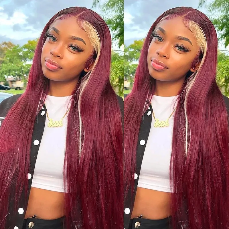 99J Burgundy Blonde Skunk Stripe Wig 13x6 Lace Front Straight Human Hair Wigs - Lemoda Hair