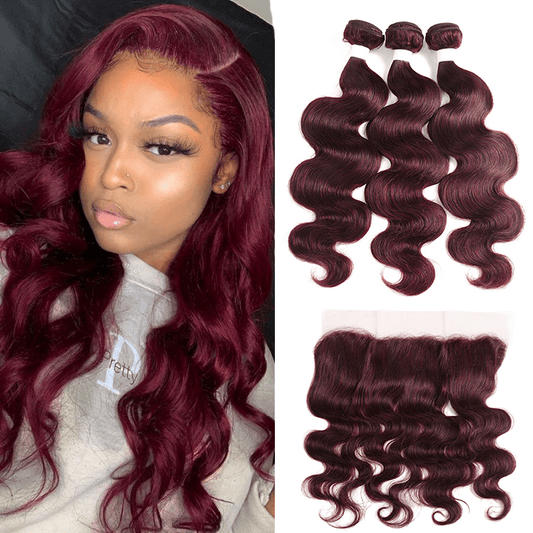 99J Burgundy Body Wave 3 Bundles With 13x4 Lace Frontal 100% Virgin Human Hair - Lemoda Hair
