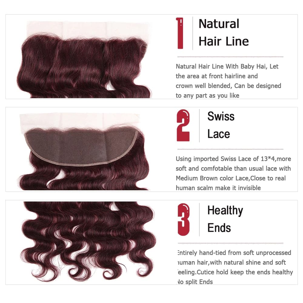 99J Burgundy Body Wave 3 Bundles With 13x4 Lace Frontal 100% Virgin Human Hair - Lemoda Hair