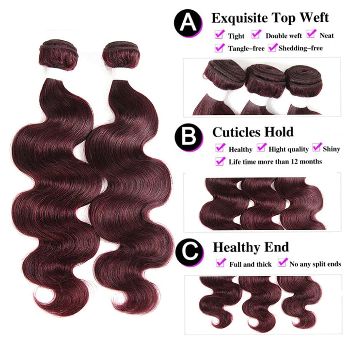 99J Burgundy Body Wave 3 Bundles With 13x4 Lace Frontal 100% Virgin Human Hair - Lemoda Hair