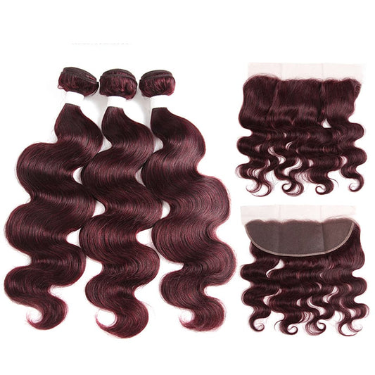 99J Burgundy Body Wave 3 Bundles With 13x4 Lace Frontal 100% Virgin Human Hair - Lemoda Hair