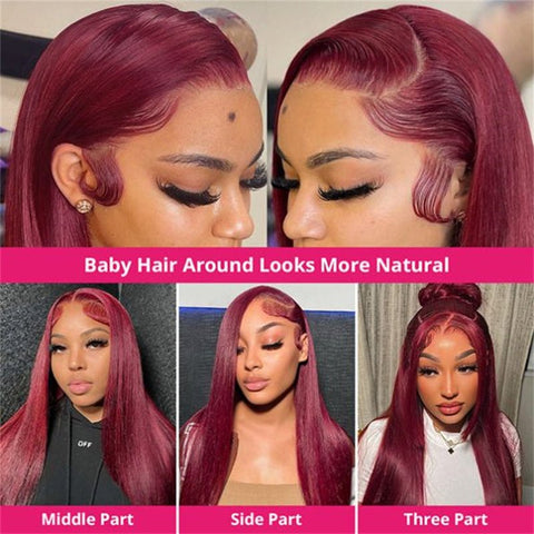 99J Burgundy Color 13X4 Straight Frontal Transparent Lace Wig 180% Density - Lemoda Hair