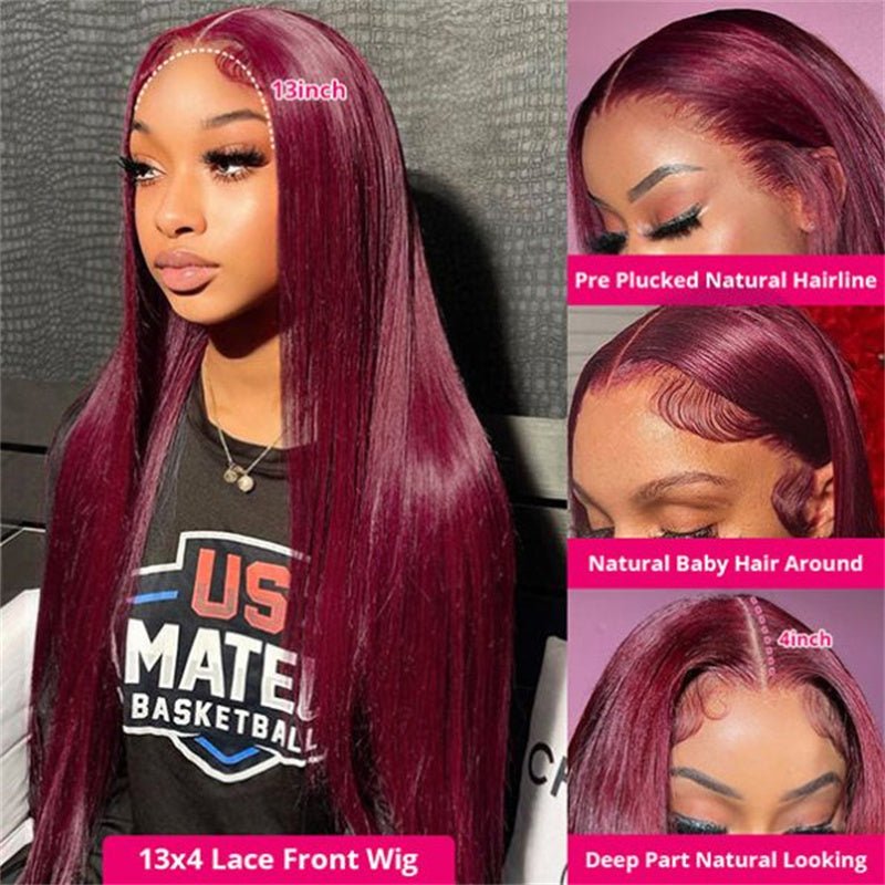 99J Burgundy Color 13X4 Straight Frontal Transparent Lace Wig 180% Density - Lemoda Hair
