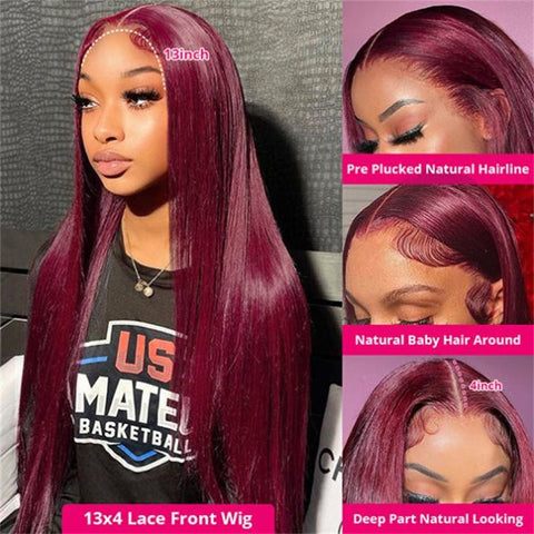 99J Burgundy Color 13X4 Straight Frontal Transparent Lace Wig 180% Density - Lemoda Hair