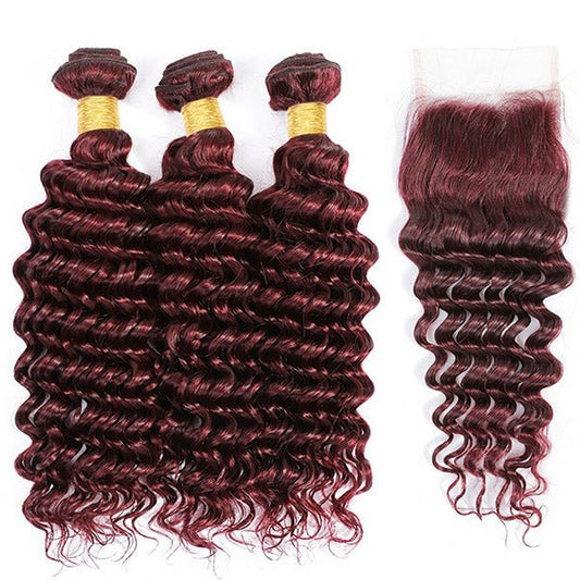 99J Burgundy Wine Red Deep Wave 3 Bundle With 4X4 Closure 100% Human Hair - Lemoda Hair