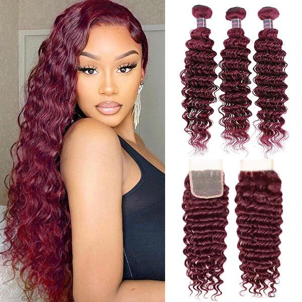 99J Burgundy Wine Red Deep Wave 3 Bundle With 4X4 Closure 100% Human Hair - Lemoda Hair